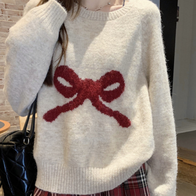 เสื้อสเวตเตอร์แขนยาวคอกลมทรงหลวมสำหรับฤดูใบไม้ร่วง/ฤดูหนาว ดีไซน์ใหม่ พร้อมโบว์ สวมใส่ได้หลากหลายโอกาส ทันสมัยและใช้งานไ - รูปที่ 6