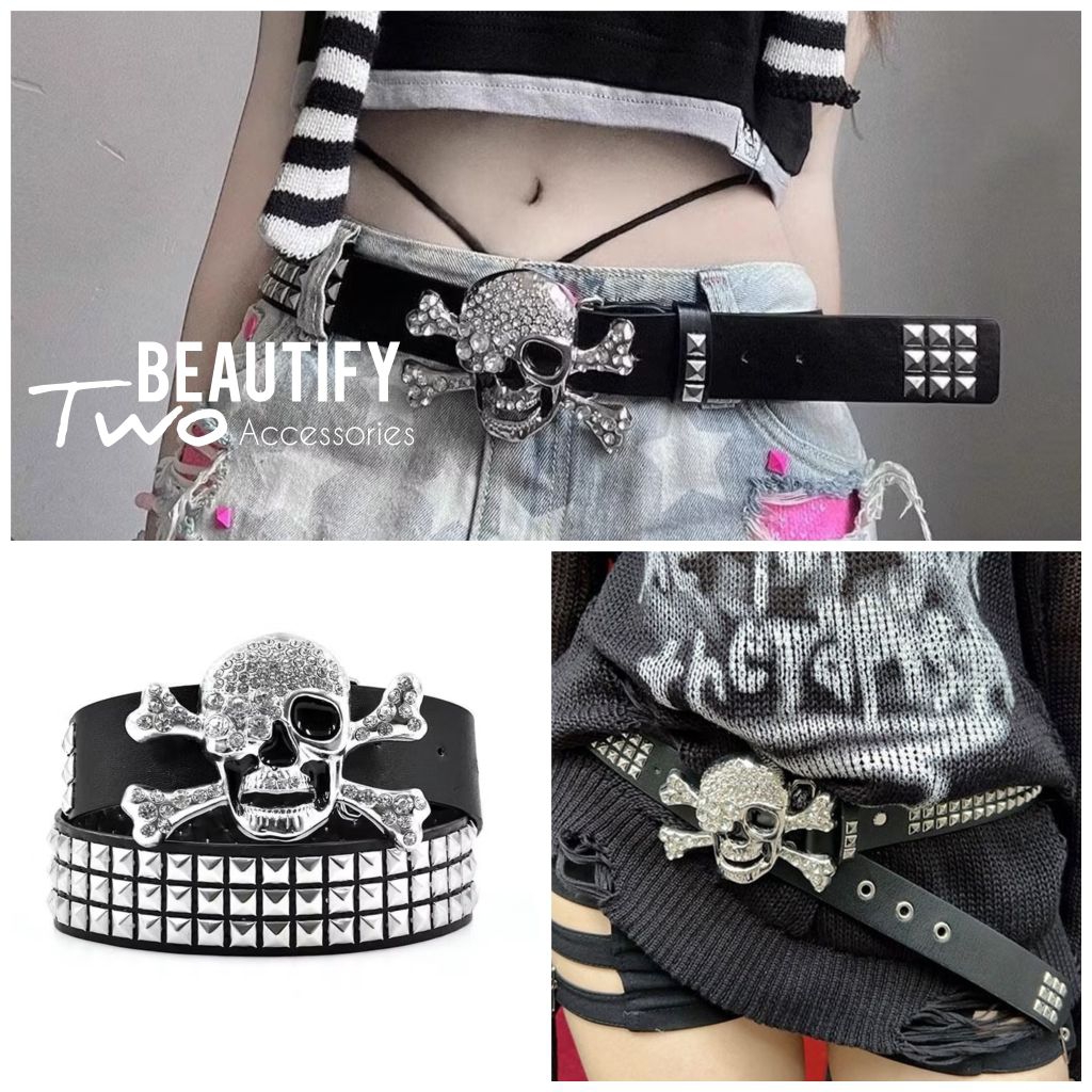เข็มขัดหนัง pu สีดำประดับหมุดสี่เหลี่ยมโลหะสีเงินแต่งหัวกะโหลกเพชร