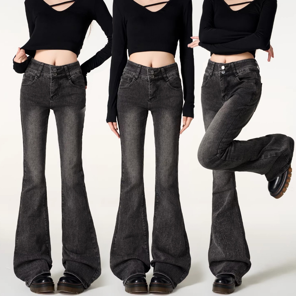 Plus Size~Dark gray jeans Flared pants กางเกงขายาวทรงขากว้างเอวสูงสไตล์เรโทรสีเทาเข้ม กางเกงยีนส์ขาบานสไตล์อเมริกัน HOT