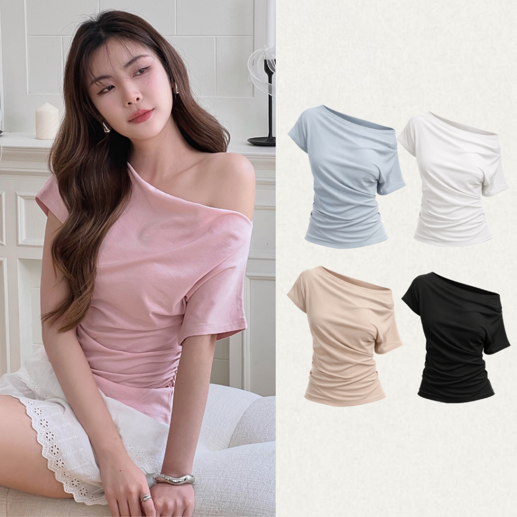 TOPBASIX - Rozie top เสื้อปาดไหล่แขนสั้น