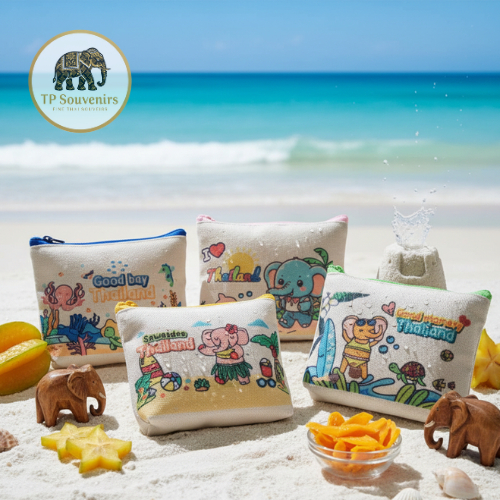 กระเป๋าผ้าแคนวาส พิมพ์ลายช้างไทย ของที่ระลึก Thailand Souvenir กระเป๋าใส่เหรียญ ของขวัญ ของฝากชาวต่างชาติ ราคาถูก