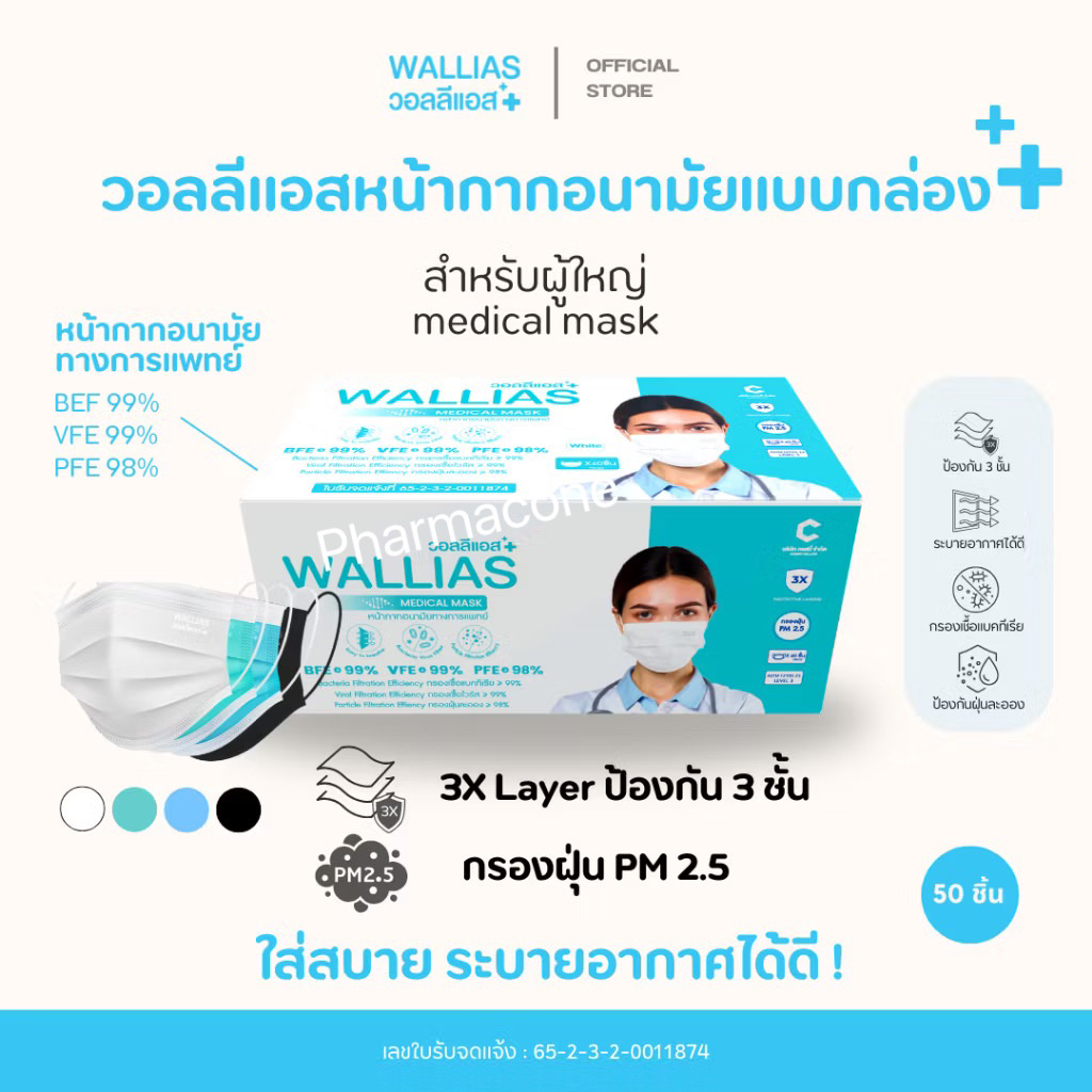 Wallias หน้ากากอนามัยทางการเเพทย์ แมส หนา 3 ชั้น กล่อง 50 ชิ้น กันฝุ่น PM2.5 ใส่สบาย