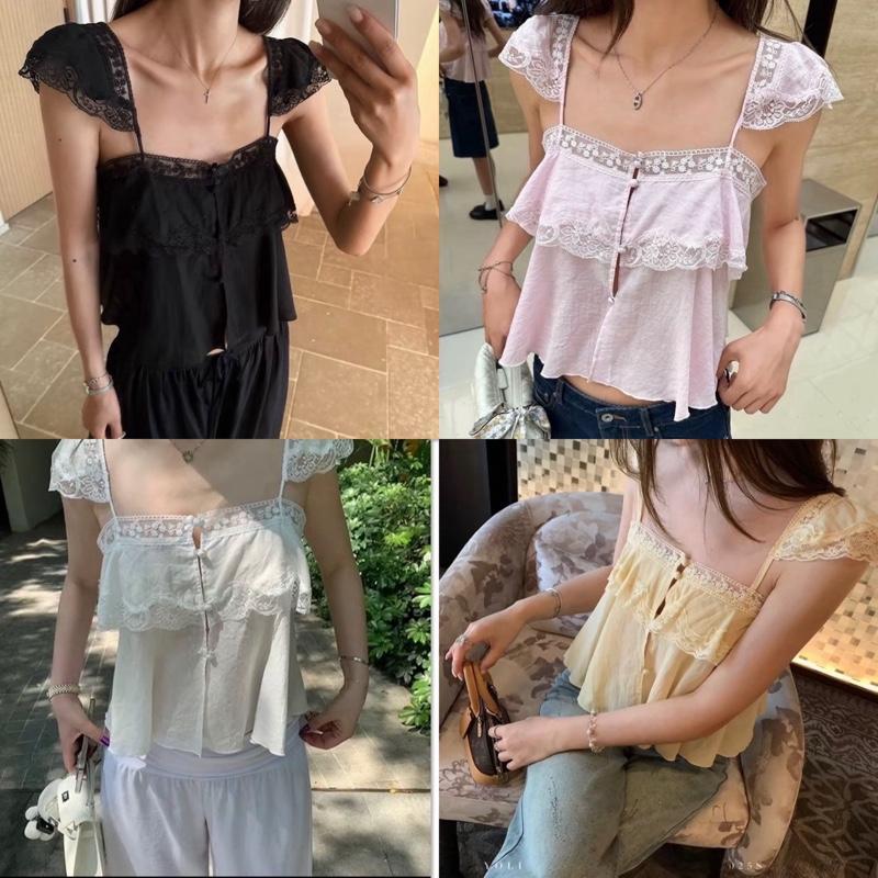 เสื้อสายเดี่ยวบ่าแต่งผ้าลูกไม้ ขอบลูกไม้น่ารักมากกก ดีเทลกระดุมมุกเพิ่มความลูกคุณ