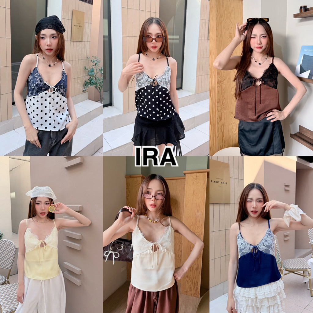BY IRA Savannah top เสื้อสายเดี่ยวลายจุดผ้าซาติน แต่งลูกไม้ที่หน้าอก ผูกโบว์