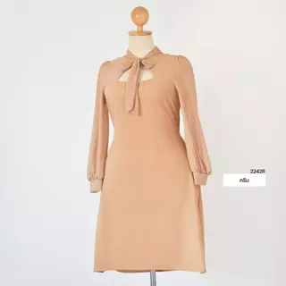 ✨ANNNEW✨ XL- 5XL เดรสผ้ายืดวูลเวฟเเต่งผูกโบว์เเขนชีฟอง 2242R