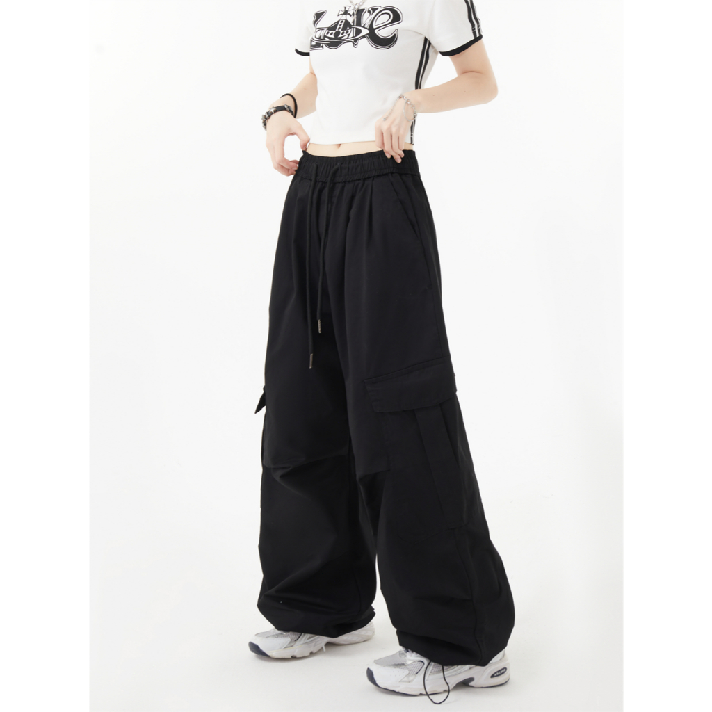 cherryshop🍓กางเกงคาโก้😊สีเขียวเอวสูงหลวมกางเกง cargo pantsสีดำ - รูปที่ 4