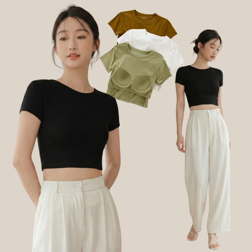 WsimpleBra | Ginny Crop Top เสื้อยืดทรงครอป คอกลมแขนสั้น มีบราในตัว เลิกใส่ชุดชั้นในและซิลิโคลปิดจุก