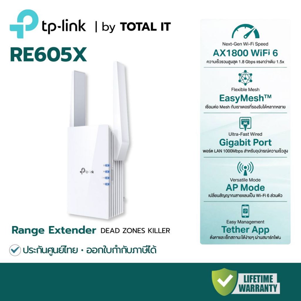 TP-Link RE605X AX1800 Wi-Fi 6 Range Extender ตัวขยายสัญญาณ WiFi | EasyMesh | ตัวดูดสัญญาณ