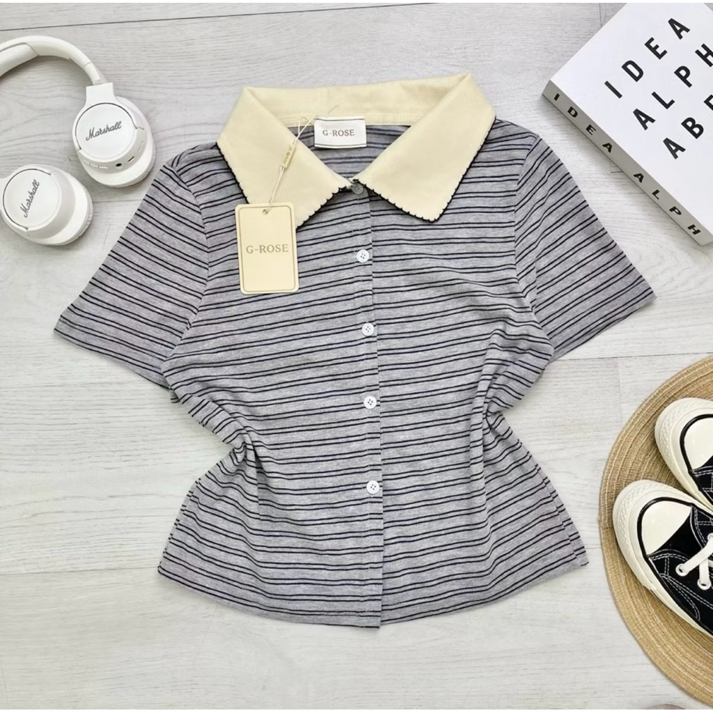 เสื้อคอปก ลายริ้ว ผ้านิ่ม G-rose