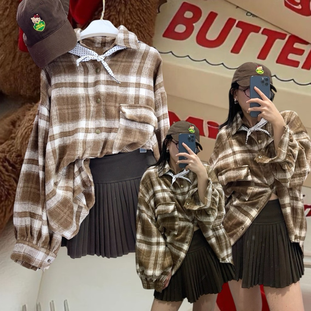 plaid shirt.☁️🤎 เสื้อเชิ๊ตคอปก แขนยาว เนื้อผ้าลาย plaid ผ้าแบบหนานุ่ม มี texture สีโทนน้ำตาล น่ารักมาก ใส่คลุม