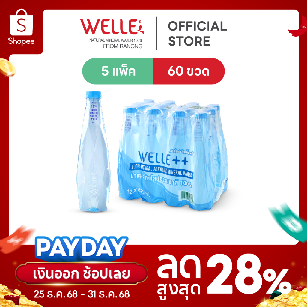 New (60 ขวด) Welle Alkaline Mineral Water น้ำแร่เวลล์เล่ 525 มิลลิลิตร 5 แพค จากแหล่งน้ำแร่ระนอง