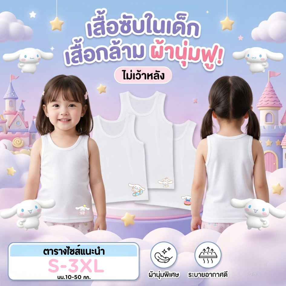 เสื้อกล้ามเด็ก เสื้อซับในเด็ก ลายชินนาม่อน นุ่มระบายอากาศได้ดี ไซส์ 1-11 ปี 10-50 กิโลกรัม