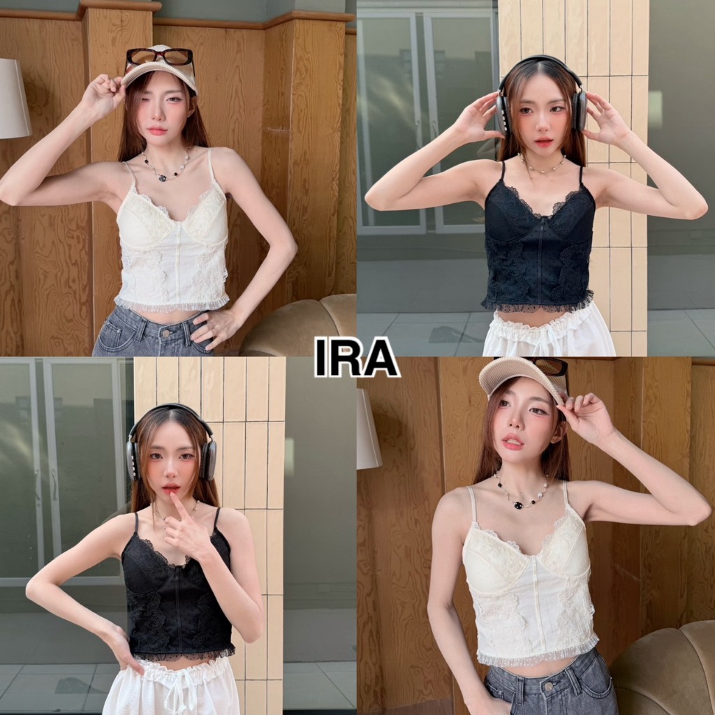 BY IRAGrace pot เสื้อสายเดี่ยวผ้าชีฟอง แต่งลูกไม้เซ็กซี่ขอบแฟชั่น หลังเป็นสม็อค