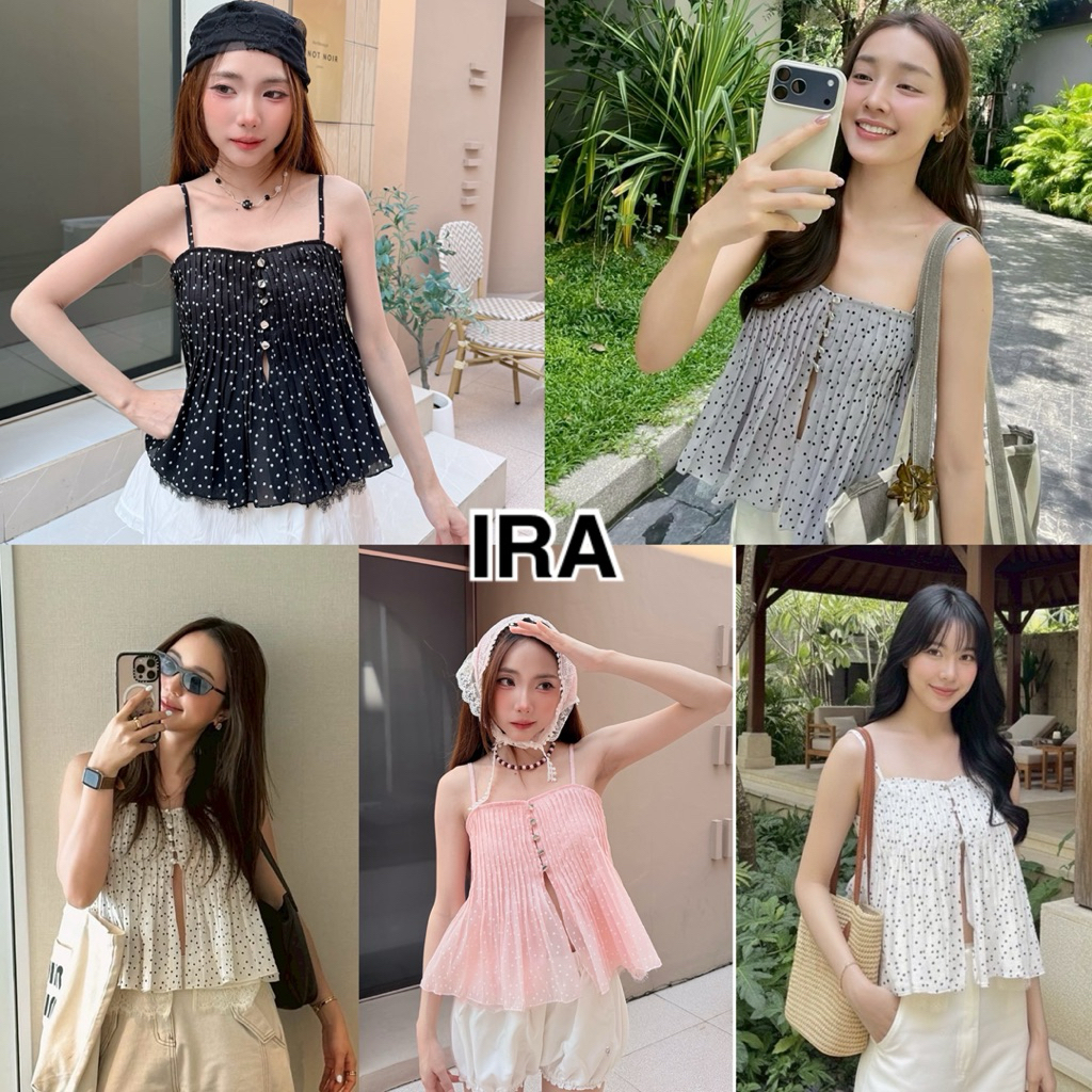BY IRA (2026-79)Micah top เสื้อสายเดี่ยว เย็บตีเกล็ดหน้า กระดุมหน้า ชายระบายเย็บขอบลูกไม้ สายปรับได้