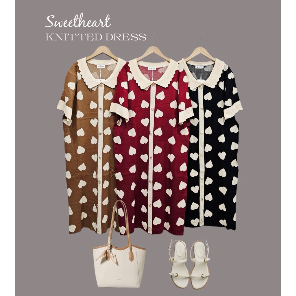 เดรสไหมพรมคอปกหยัก ทอลายหัวใจ น่ารักๆ