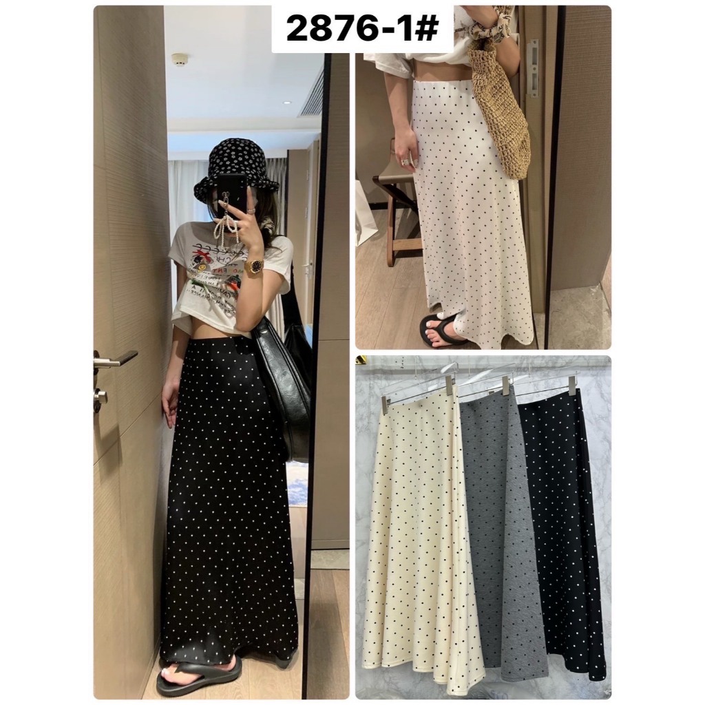 กระโปรงทรงเอยาวผ้าวอร์มลายจุด เอวยางยืด #2876-1