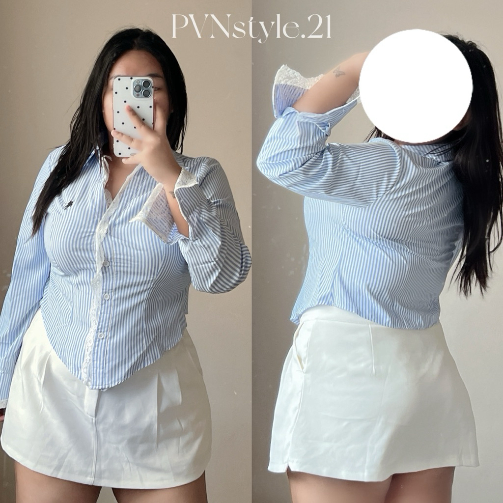 เสื้อเชิ้ตแขนยาวคอปก ลายทางดีเทลแต่งลูกไม้ อกหน้าผ้า 46