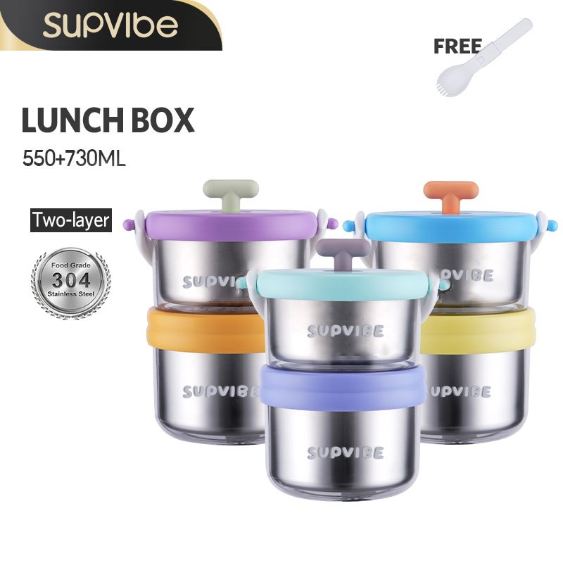 SUPVIBE กล่องถนอมอาหาร 304 พร้อมฝา กล่องอาหารกลางวันสแตนเลส  เข้าไมโครเวฟได้ ถอดกล่องข้าวสเตนเลสเป็นกล่องเก็บของใส