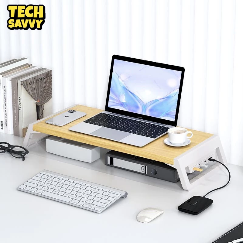 TechSavvy ที่วางจอคอม USB เชื่อมต่อฮาร์ดดิสก์ USB เมาส์ แป้นพิมพ์ ฯลฯ ชั้นวางจอคอม ที่วางมอนิเตอร์ แท่นวางจอ 4 พอร์ต