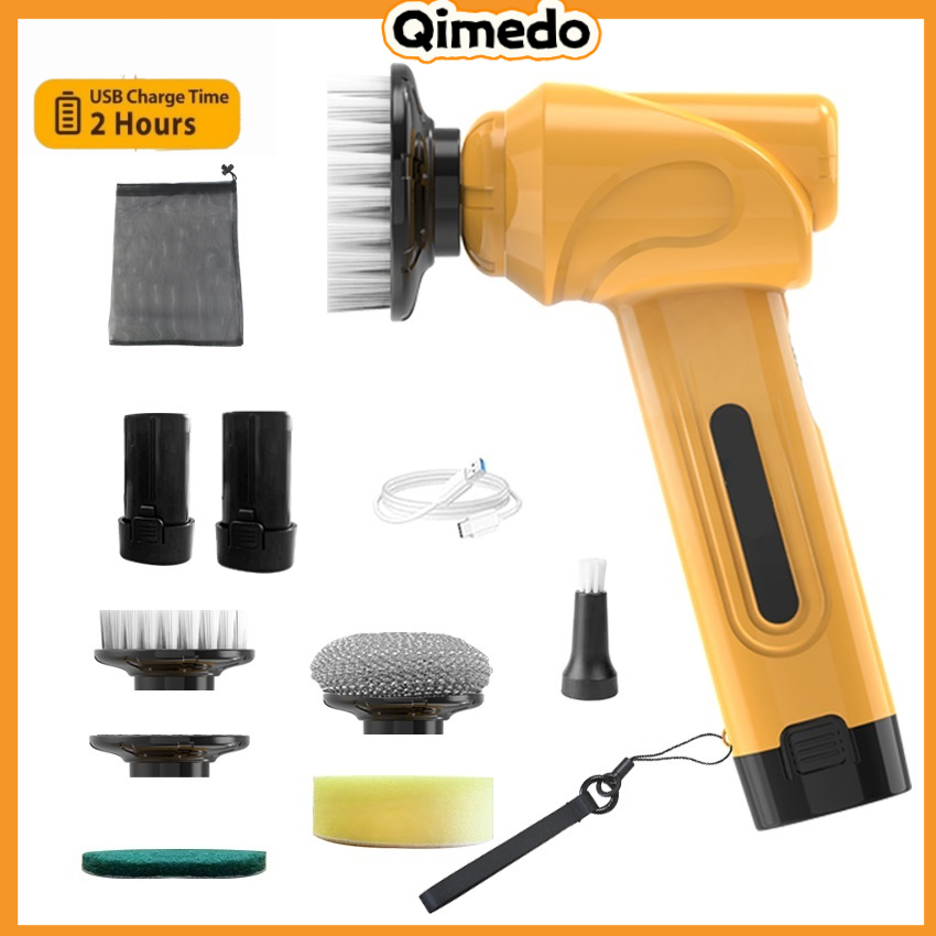 Qimedo แปรงทำความสะอาดไร้สาย 360° ชาร์จไฟ 5000mAh×2 ก้อน พร้อมหัวเปลี่ยน 4 ชนิด สำหรับห้องน้ำ/ครัว/ยานพาหนะ