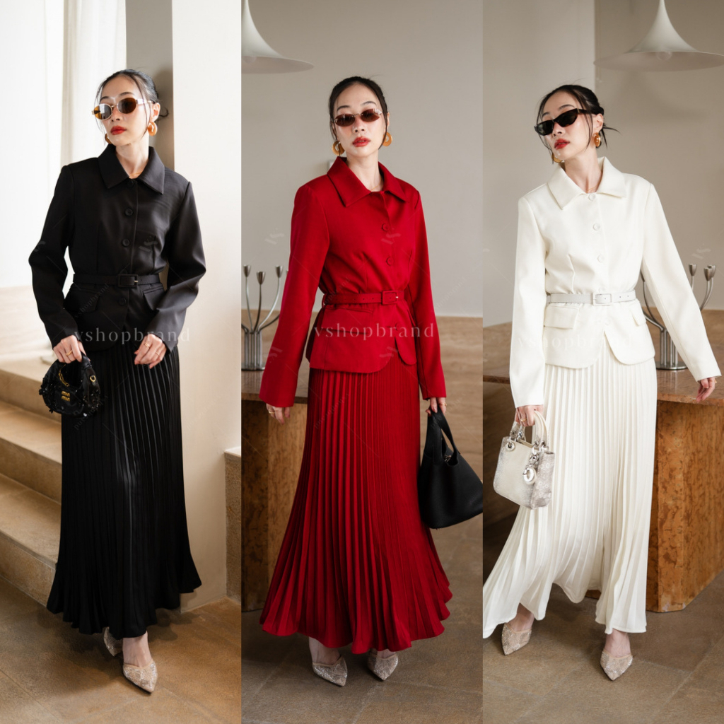 พร้อมส่ง Set เสื้อแขนยาวกระดุมหน้าและกระโปรงยาวอัดพลีท+เข็มขัด งานป้าย vshopbrand