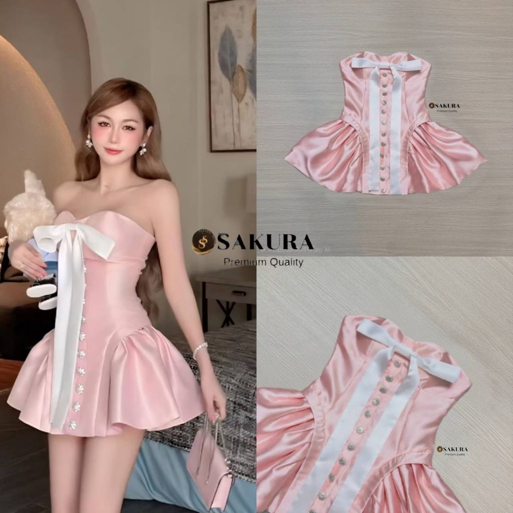 XS S M มือ1 SAKURA มินิเดรสเกาะอกสีโอรส แต่งโบว์สีขาว ปักกระดุมเพรชด้านหน้า ใส่สวยสุดๆ ป้าย SAKURA
