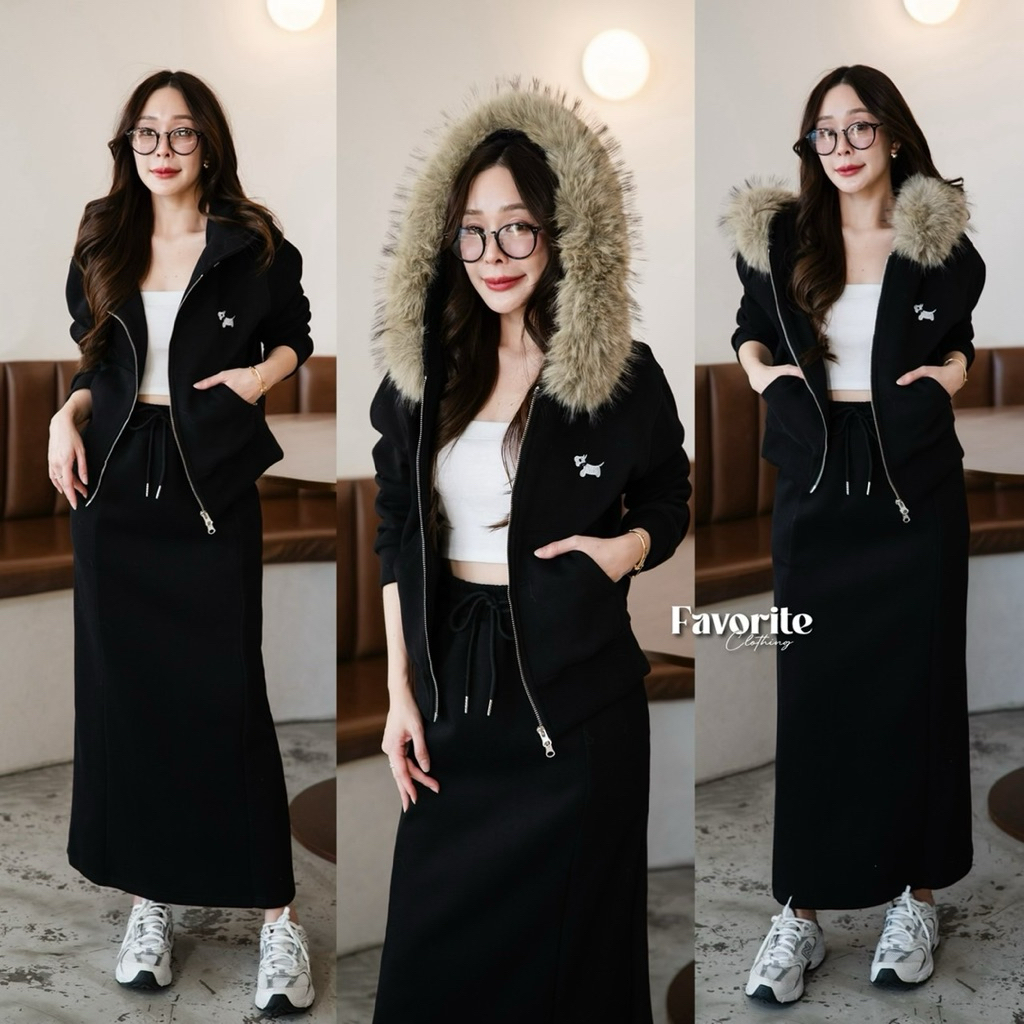 🌈🌿🌼🌸🌺🩶🖤🇰🇷Cotton Hood Fur Zip Long Sleeve Top&Long Skirt Set