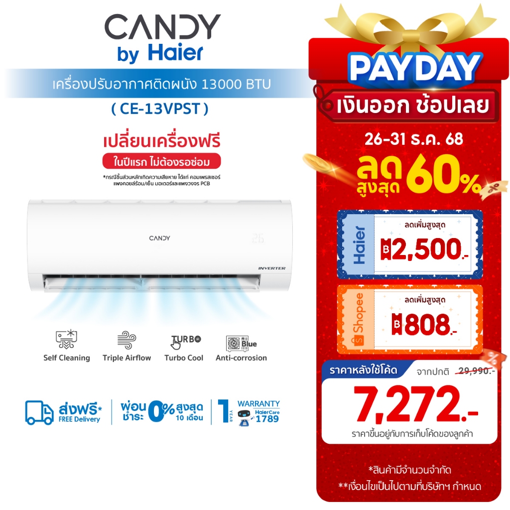 [ใช้HAIE2500Aลด2500]CANDY เครื่องปรับอากาศติดผนัง Inverter Eco Master รุ่น CE-VP