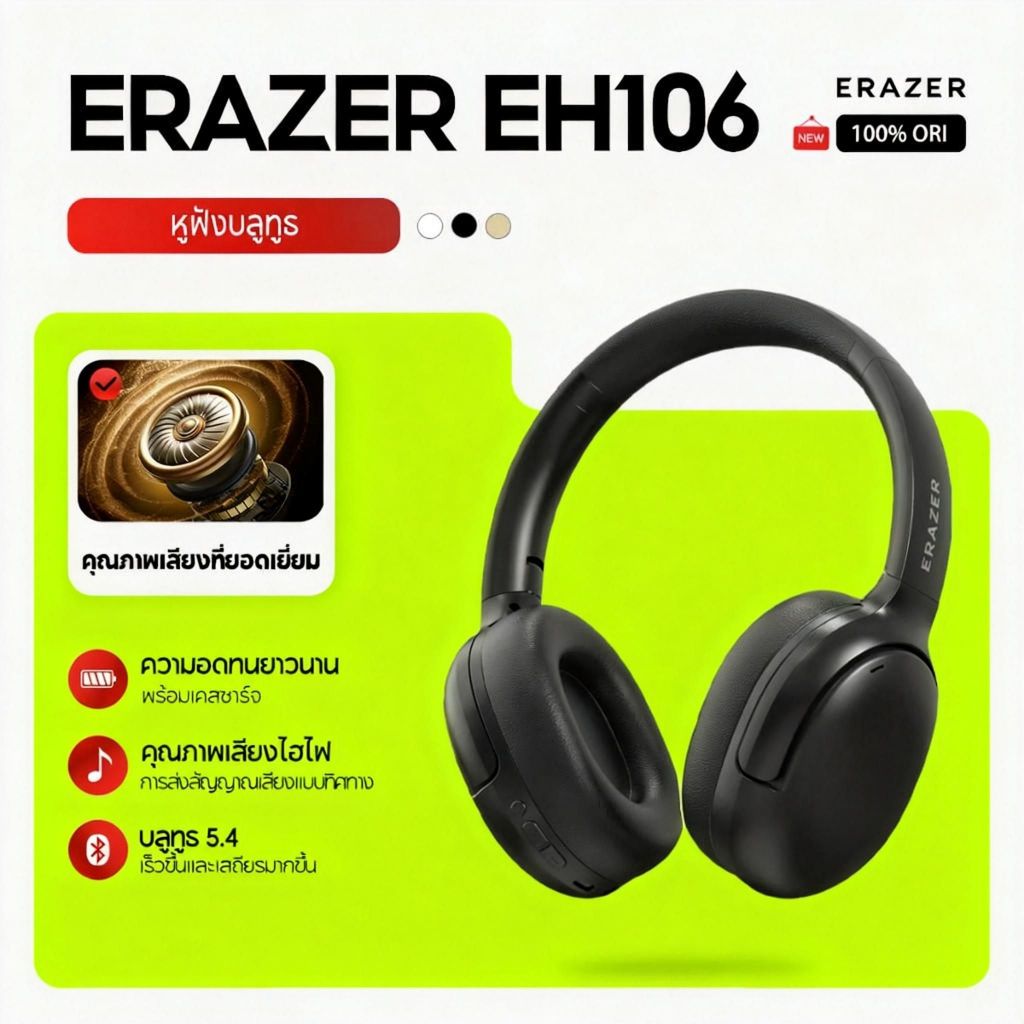 Lenovo Erazer earbuds EH106 หูฟังไร้สาย Bluetooth 5.4 พกพาพับได้ เล่นเกมได้ แบตอึด พร้อมไมโครโฟน
