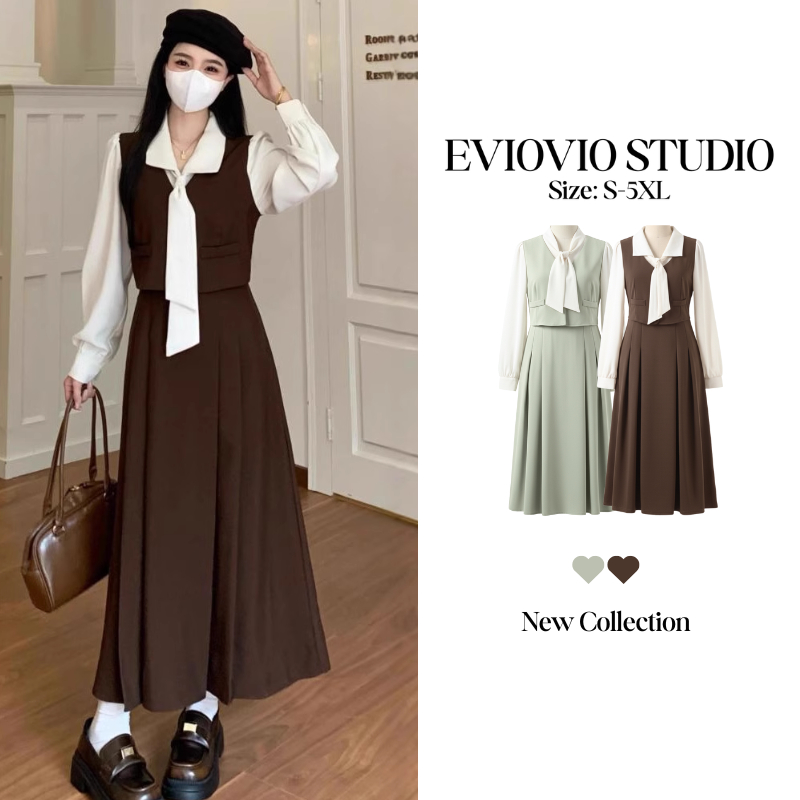 【EVIOVIO】S-5XL ชุดเดรสแขนยาว เดรสกระโปรงยาว สไตล์ฝรั่งเศส ย้อนยุค สองชิ้นปลอม ไฮโซ โดดเด่น ผ้าใส่สบาย 💕❗