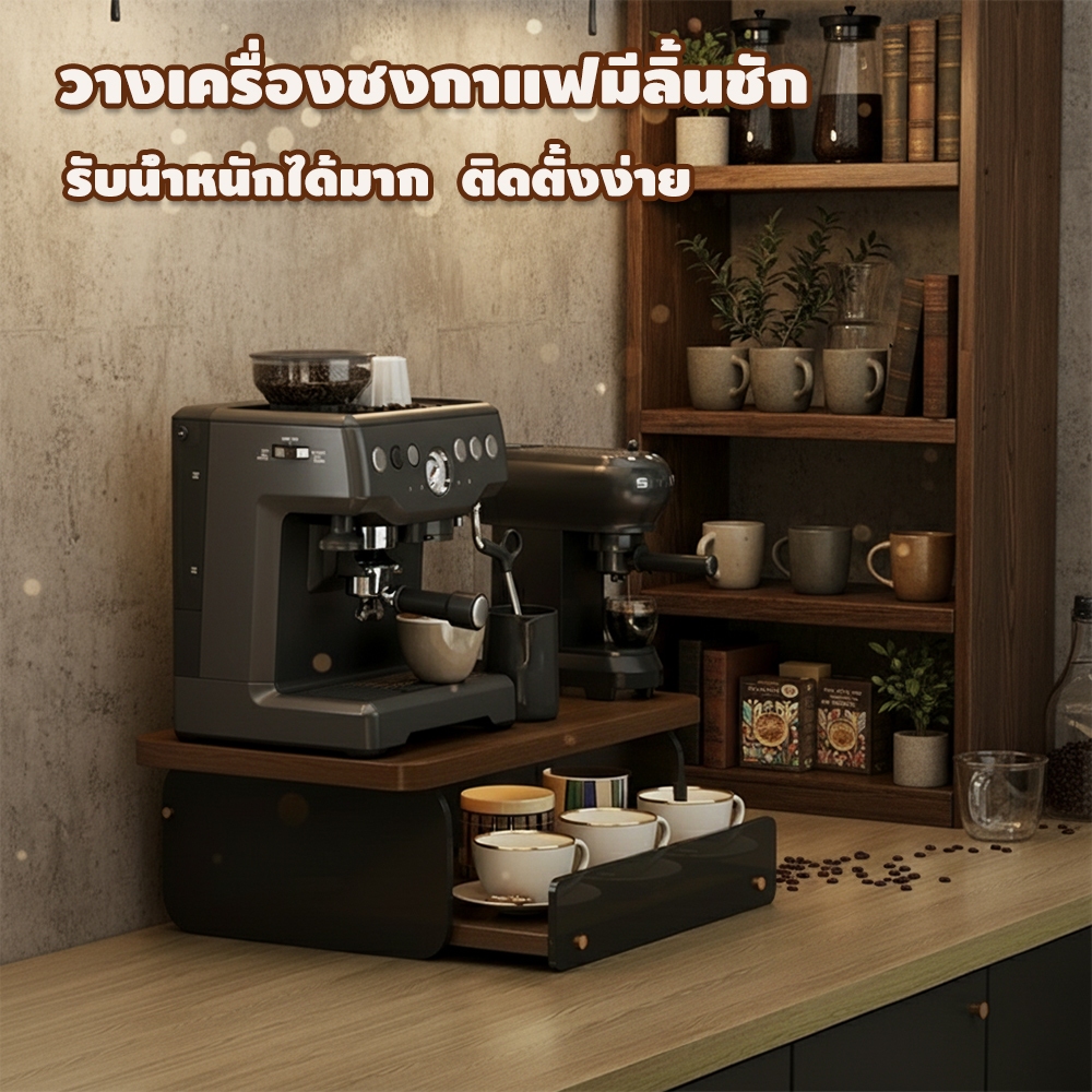 วางเครื่องชงกาแฟมีลิ้นชักไม้2ชั้นสามารถเก็บเมล็ดกาแฟถ้วยกาแฟชั้นวางกาแฟสำหรับโต๊ะร้านกาแฟห้องน้ำชา