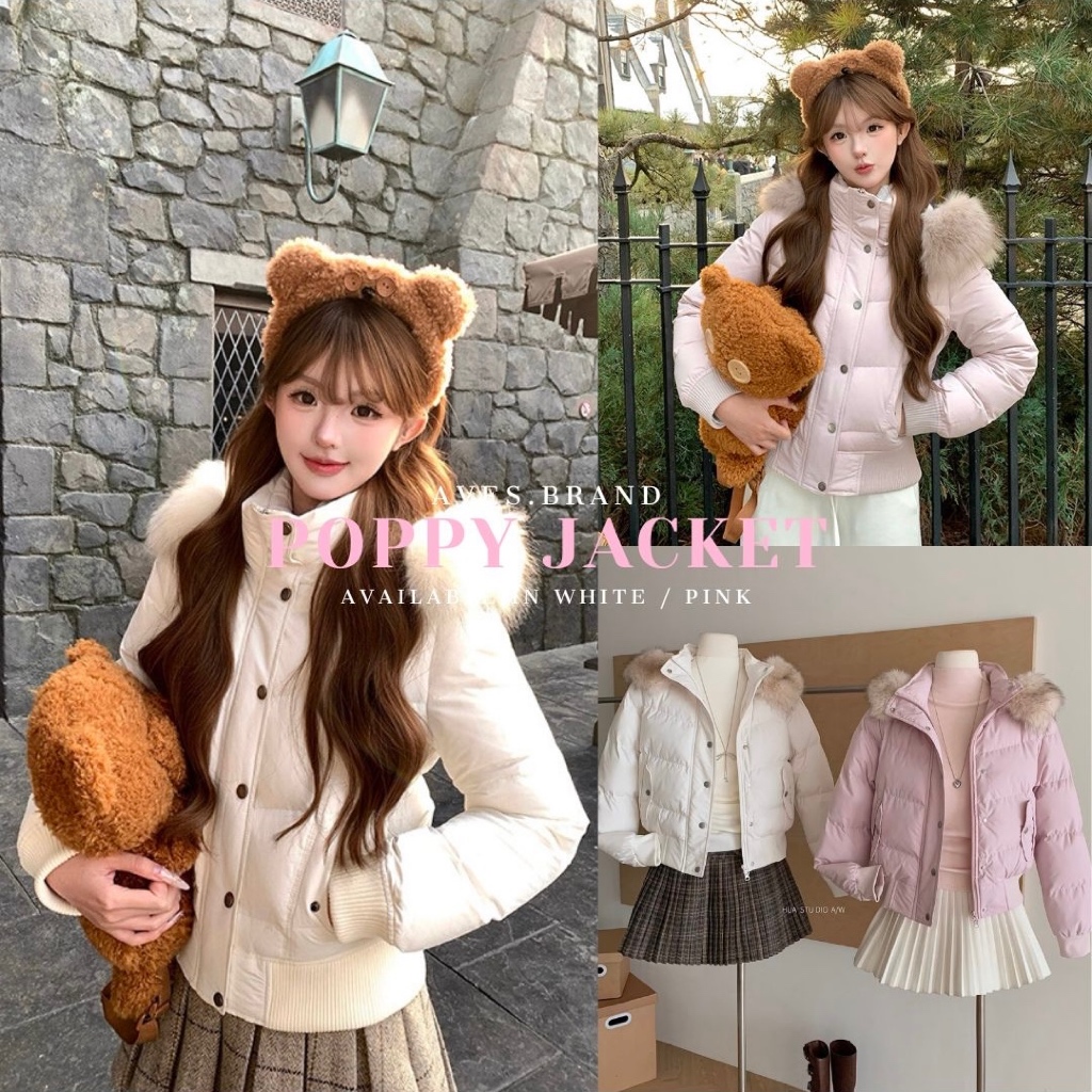 AVES.BRAND POPPY JACKET เสื้อแจ็คเก็ตนวมสีพาสเทล แต่งขนเฟอร์
