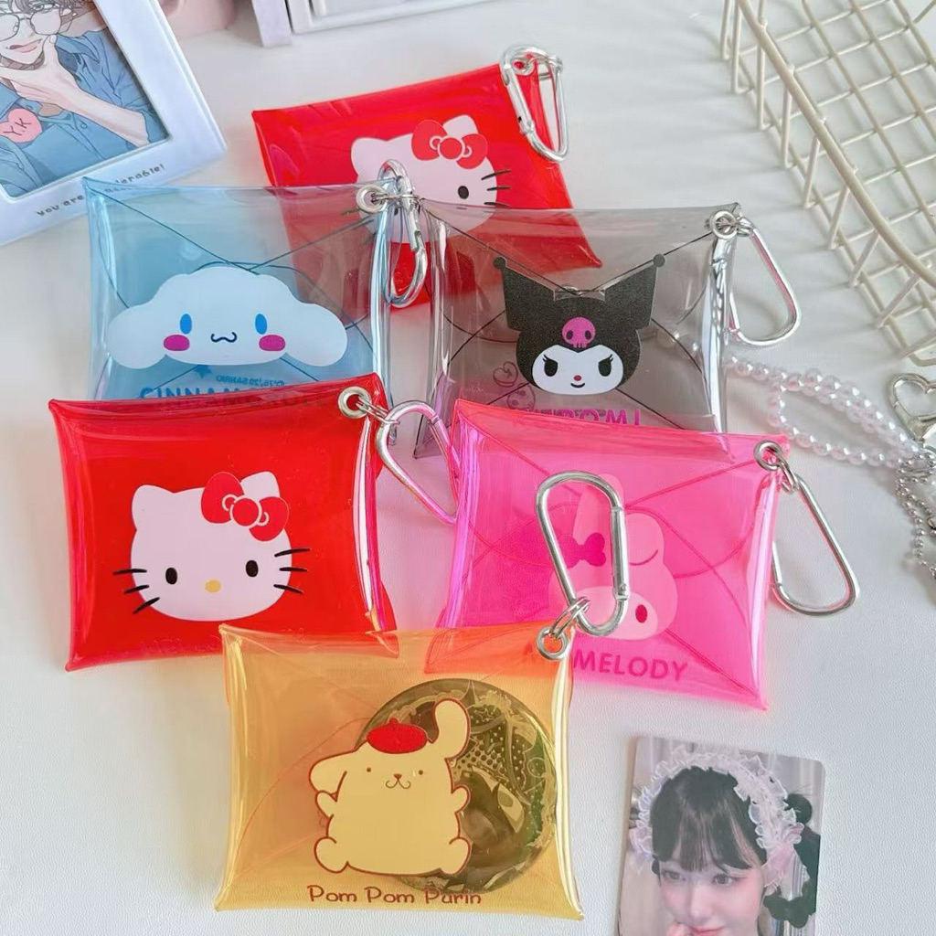 กระเป๋าสตางค์ ใส่เหรียญ PVC มีกระดุม สีใส ใส่ลิปสติก ลายน่ารัก