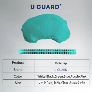 U GUARD MOB CAP หมวกคลุมผม สีเขียว 22 นิ้ว หมวกตัวหนอน ใบใหญ่ ไม่รัดศรีษะ 100 ชิ้น By Med Wholesale
