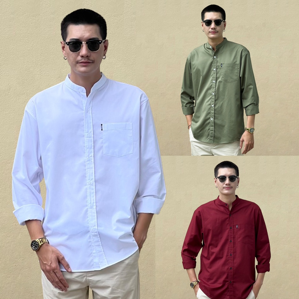 FOMO-เสื้อเชิ้ตคอจีน สีเขียว สีขาว สีแดง เสื้อเชิ้ตคอจีน เสื้อคอจีน