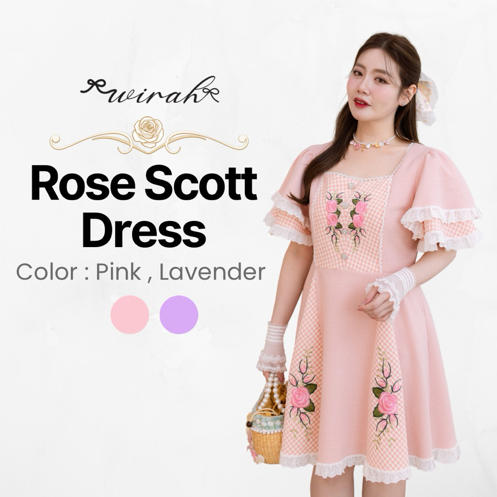 「 Wirah_Brand 」DW216 Rose Scott Dress :ชุดเดรสสั้นทรงเข้ารูป คอเหลี่ยมแต่งลูกไม้ แขนสั้นทรงกระดิ่ง