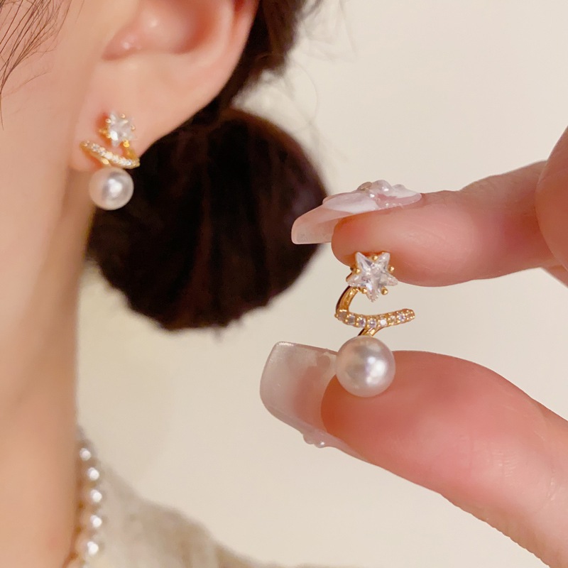 Vipalis พร้อมส่ง ต่างหูมุกคริสตัลดาว ดีไซน์เกลียว | Star Pearl Spiral Earrings | Post Pin Silver 925 - รูปที่ 3