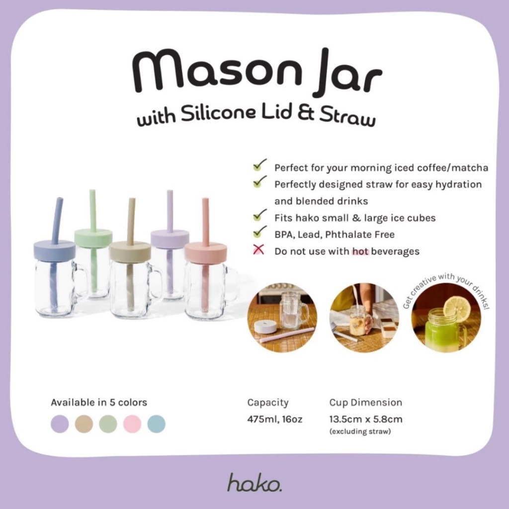 เลเซอร์ชื่อไม่ได้** hako Mason Jar with Silicone Lid&Straw แก้วใส่เครื่องดื่ม พร้อมหลอด