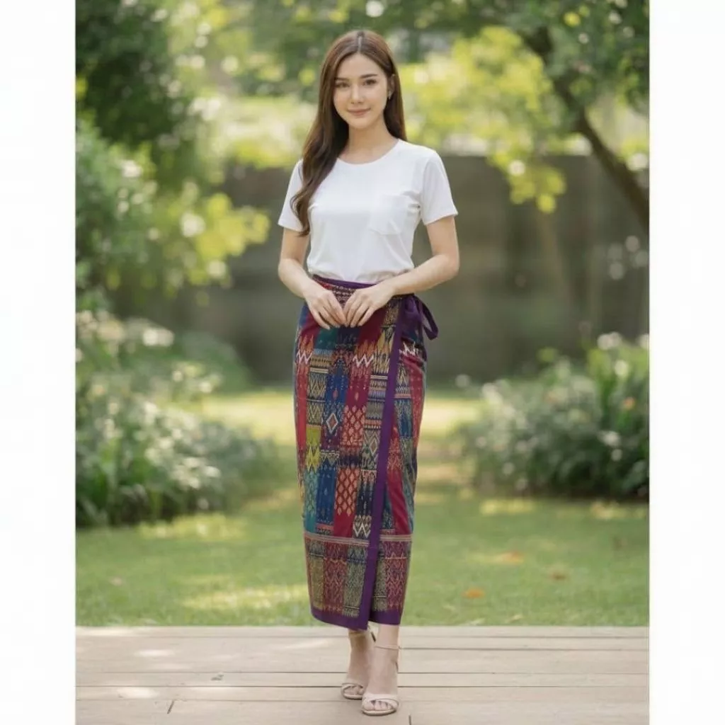 กระโปรงผ้าฝ้ายพิมพ์ลายไทย แบบป้ายผูกเอว รหัส CF thumbnail 3
