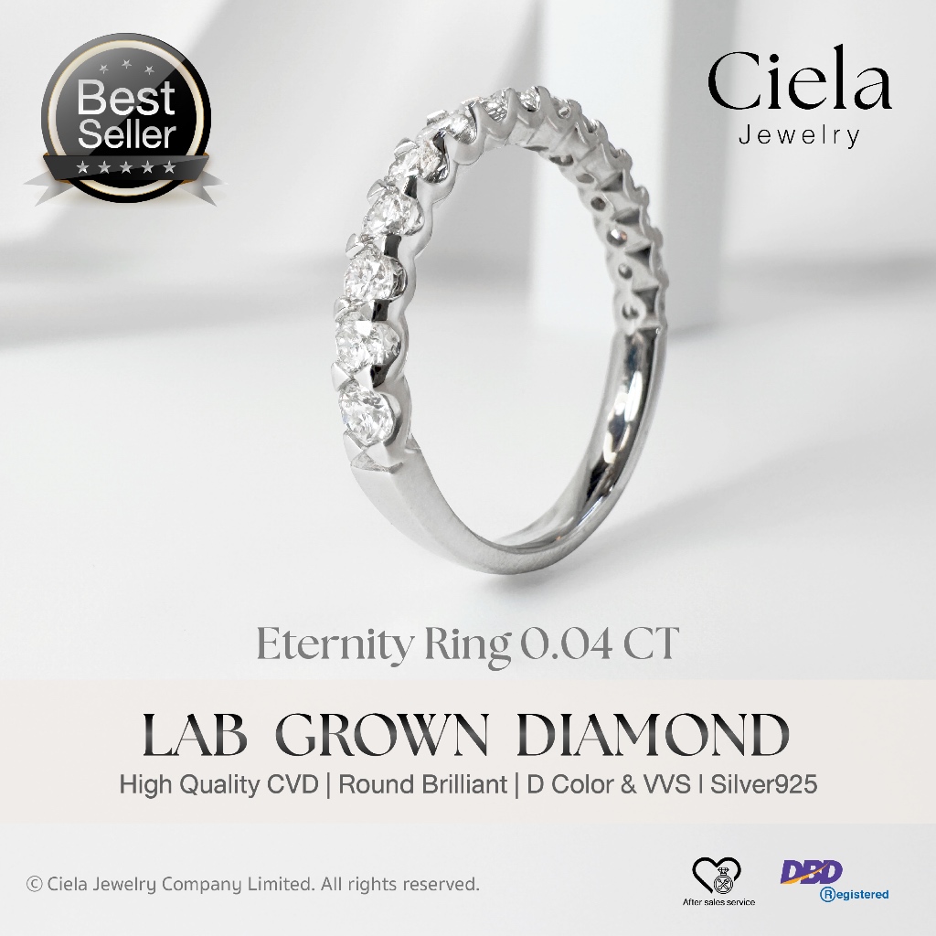 𝐂𝐢𝐞𝐥𝐚 𝐉𝐞𝐰𝐞𝐥𝐫𝐲 แหวนแถวเพชร Lab Grown (CVD) น้ำ100 VVS 0.04 CT รวม 0.60 CT l Silver925 ชุบโรเดียม