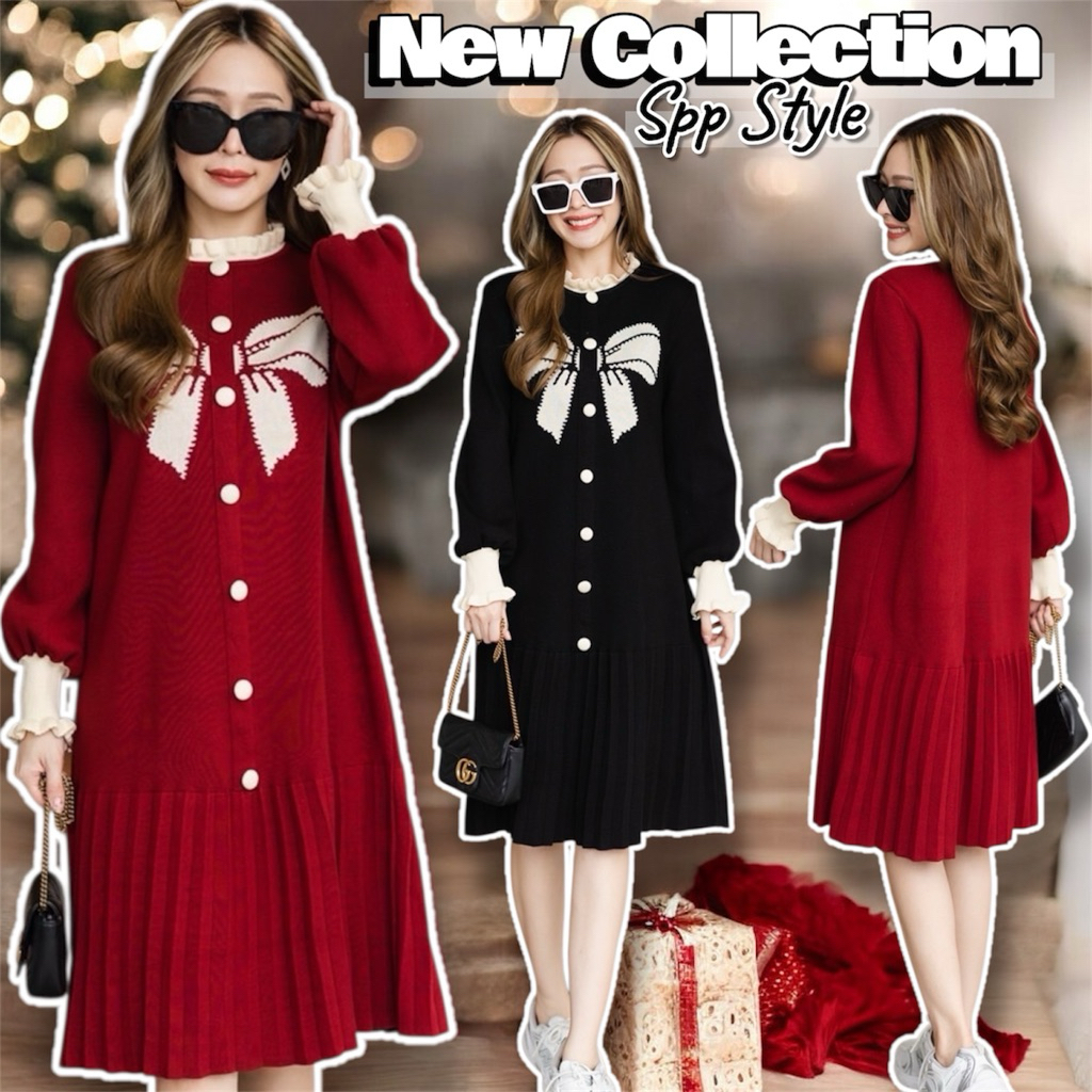 [ พร้อมส่ง ] ❄️เดรสไหมพรมแขนยาว แต่งระบายคอและขอบแขน งานทอลายโบว์ด้านหน้า