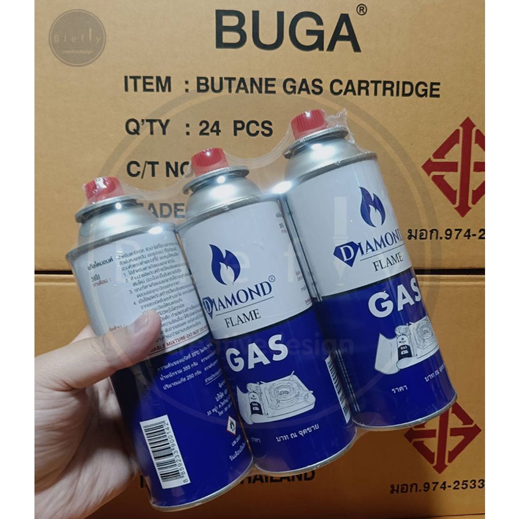 แก๊สกระป๋องสำหรับเตาปิคนิค Diamond [Buga Gas] ขวดใหญ่ 355กรัม แพ็ค 3 ขวด ตั้งแคมป์ เดินป่า ทำอาหาร เด็กหอ