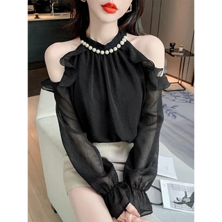 [Sheing office]🌟พร้อมส่ง🌟เสื้อเชิ้ตผ้าชีฟองแขนยาวผู้หญิง คอฮอลเตอร์ประดับมุก เสื้อเปิดไหล่
