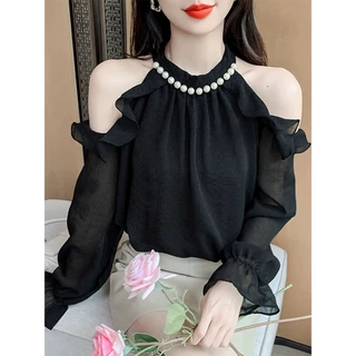 [Sheing office]🌟พร้อมส่ง🌟เสื้อเชิ้ตผ้าชีฟองแขนยาวผู้หญิง คอฮอลเตอร์ประดับมุก เสื้อเปิดไหล่