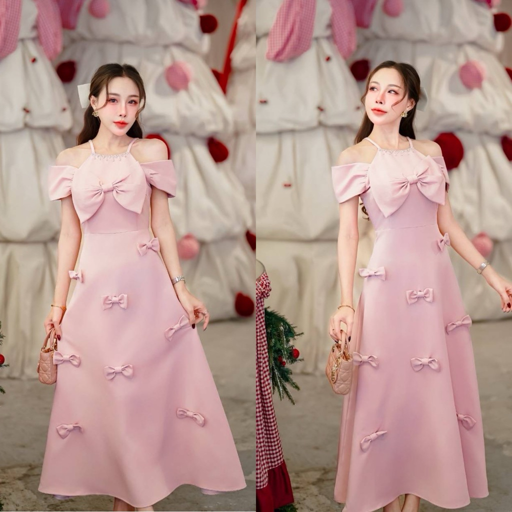 (ขายดี) เดรสยาว เดรสออกงาน แต่งโบว์หน้า อะไหล่แน่นๆ สวยมากๆ เดรสไปงานแต่ง สีชมพูนู๊ด งานป้าย thanyacha