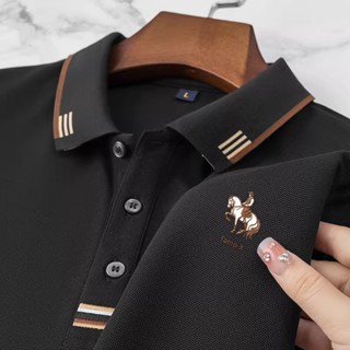 Plus size~Polo shirt Black POLO shirt แขนสั้นปกเรียบง่ายรูปแ…