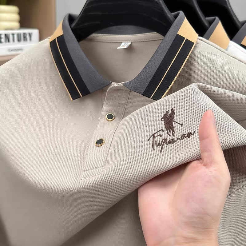 Plus size~Polo shirt Khaki POLO shirt เสื้อโปโลผ้าฝ้ายแท้ระบายอากาศได้ดีรุ่นใหม่ เสื้อเชิ้ตแขนสั้นทรงหลวมลำลอง