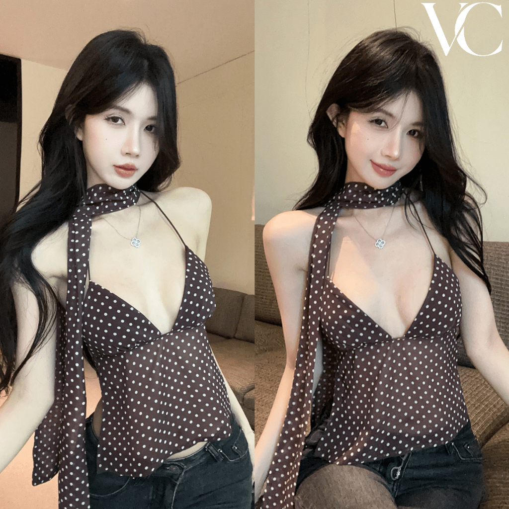 เสื้อสายเดี่ยวคอวีลายจุด สำหรับสาวฮอต เซ็กซี่ เปิดหลัง ริบบิ้น เทรนด์ใหม่ ดีไซน์โดดเด่น ให้ความรู้สึกเซ็กซี่และฮอตY119