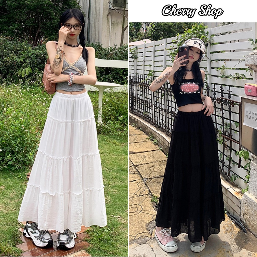 cherryshop พร้อมส่ง กระโปรงยาวทรงเอไลน์เอวสูงสไตล์เกาหลีสุดหวานสำหรับผู้หญิง y2k สีพื้น ผ้ายืดทรงสวยๆ ดีไซน์จีบ
