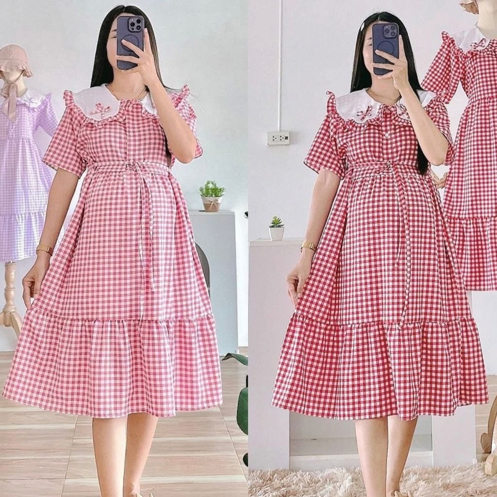 เดรสคลุมท้องแฟชั่นชุดคลุมท้องลายสก็อตสวยๆอก32-40ใส่ได้ถึงคลอด